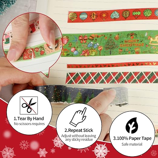 16 Rolls Christmas Washi Tape Holiday Masking Tape 4 Sizes Red Green Christmas - Image 2