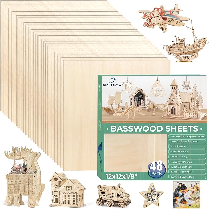 48 Pack 12x12x1/8 Inch Basswood Sheets, MAPRIAL Smooth 3mm Plywood by MAPRIAL