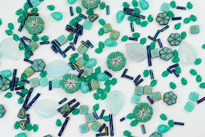 2.1oz Mix of Unique Czech Bohemia Glass Pressed Beads, Opaque Turquoise Green - Image 3