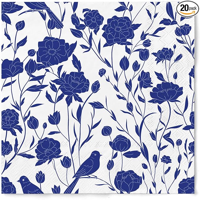 20 Pack Designer Paper Napkins, 3-Ply 6.5x6.5-inches Disposable Decorative Blue by JoyfulArtink