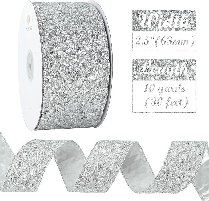 HUIHUANG Silver Glitter Wired Ribbon - Image 3