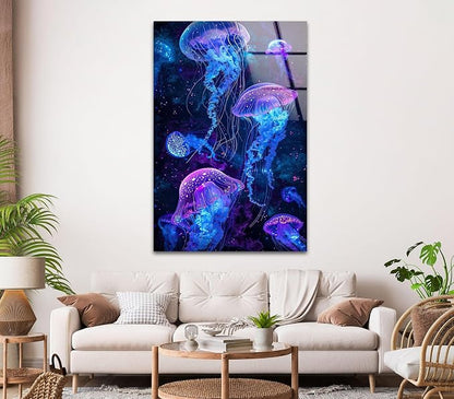 My Photostation.com 27Wx43H'' Glowing Jellyfish Glass Wall Art Tempered Glass - Image 6