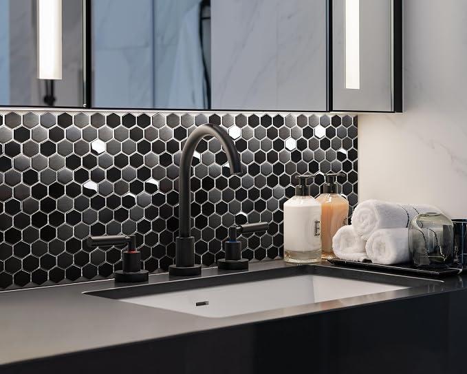 Blujellyfish Hexagon Black Tile Backsplash Metal Mosaic Wall Floor Tiles - Image 5