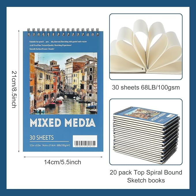 Jexine 5.5'' x 8.5'' Top Spiral Bound Sketch Pad 30 Sheet Each, Sketching - Image 2