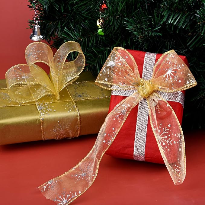 2.5 Inch Wide Christmas Wired Ribbon Snowflake Organza Sheer Glitter Ribbon - Image 6