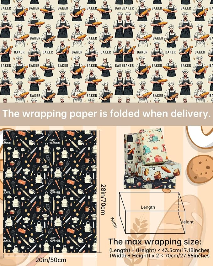 Pineraap 12 Sheets Baking Theme Wrapping Paper, Cute Baker Design Gift Wrap - Image 3