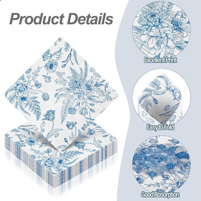 Aodaer 48 Pieces Floral Paper Napkins Disposable Blue Floral Napkins Blue and - Image 3
