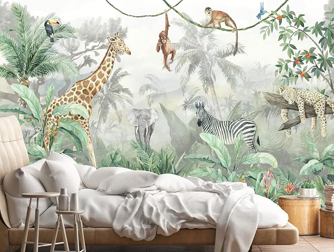 Kids Wallpaper Tropical Leves and Safari Animals Wall Mural - Image 5