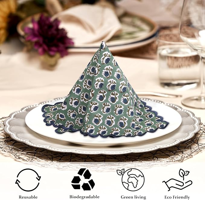 Ridhi Basil GreenHand Block Print Napkins 18" x 18" Set of 4 Reusable Cotton - Image 5