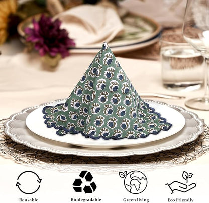 Ridhi Basil GreenHand Block Print Napkins 18" x 18" Set of 4 Reusable Cotton - Image 5