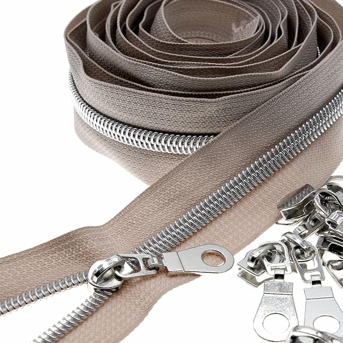 #5 Silver Teeth Metallic Nylon Coil Zippers by The Yard Bulk 10 Yards Beige by Leekayer
