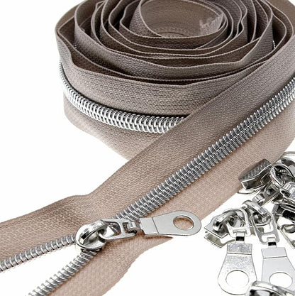 #5 Silver Teeth Metallic Nylon Coil Zippers by The Yard Bulk 10 Yards Beige by Leekayer
