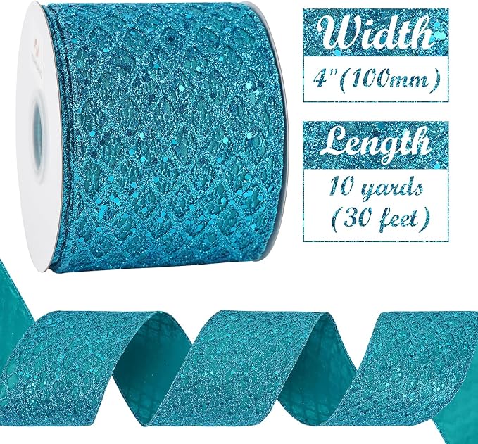 HUIHUANG Turquoise Glitter Wired Ribbon 4 inch Teal Christmas Tree Ribbon - Image 2
