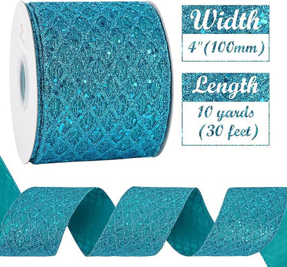 HUIHUANG Turquoise Glitter Wired Ribbon 4 inch Teal Christmas Tree Ribbon - Image 2