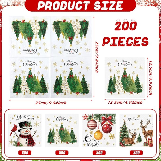Janlaugh 200 Pcs Christmas Paper Cocktail Napkins Disposable 2 Ply Xmas Style - Image 3