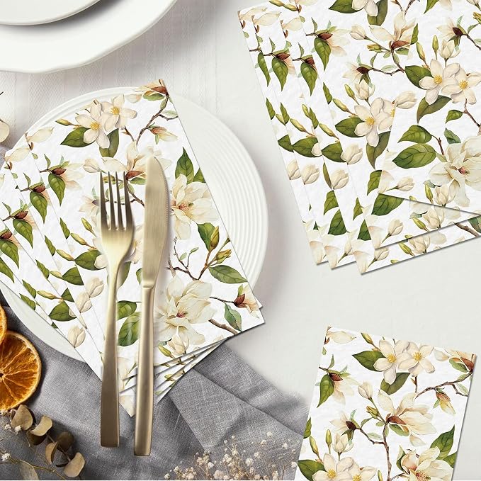60 Pack 3 Styles Floral White Magnolia Blossom Guest Napkins Disposable Paper - Image 3