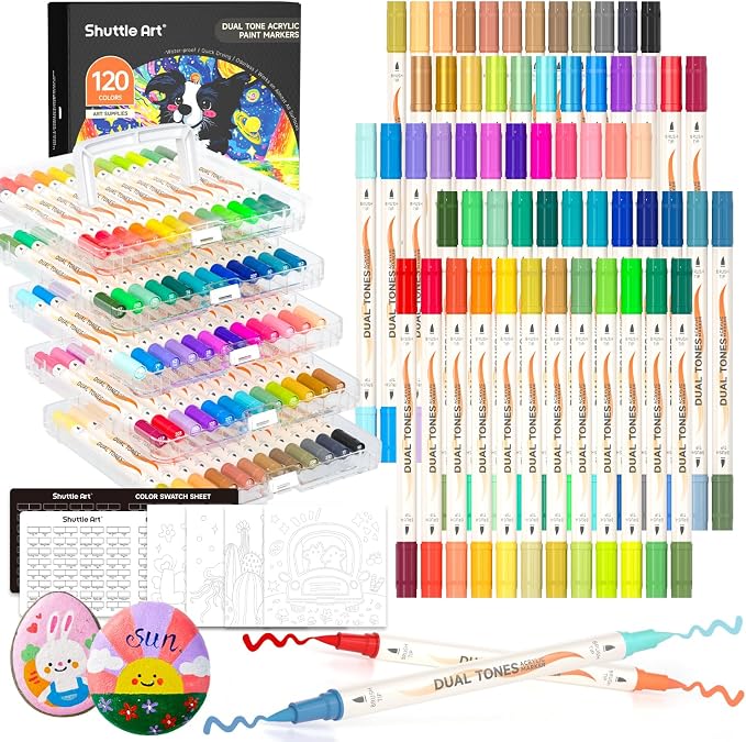 Shuttle Art 60 Pack Dual Tone Acrylic Paint Markers, 120 Colors Acrylic Paint by ShuttleArt