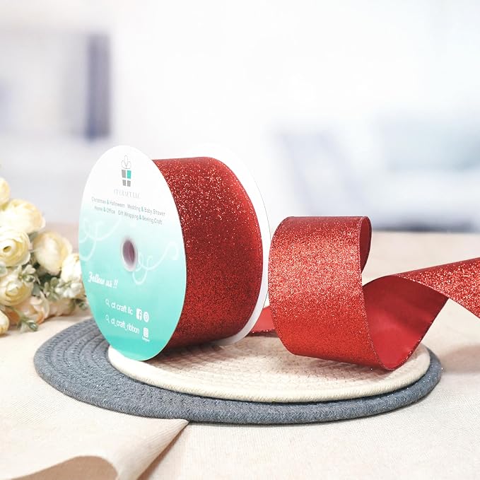 CT CRAFT LLC Glitter Wired Ribbon 2.5" x 20 Yards Red - Image 4