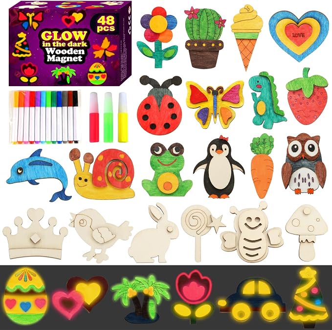Worgree 48 Pcs DIY Wooden Magnets, Wooden Art Craft Supplies Painting Kit by Worgree