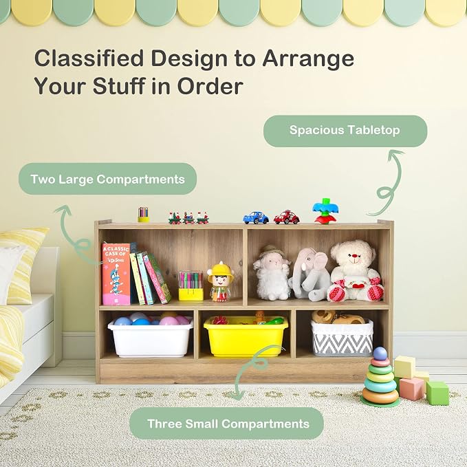 KOTEK Kids Storage Organizer, 5 Cubby Kids Bookshelf, Wooden 2-Layer Bookcase - Image 4