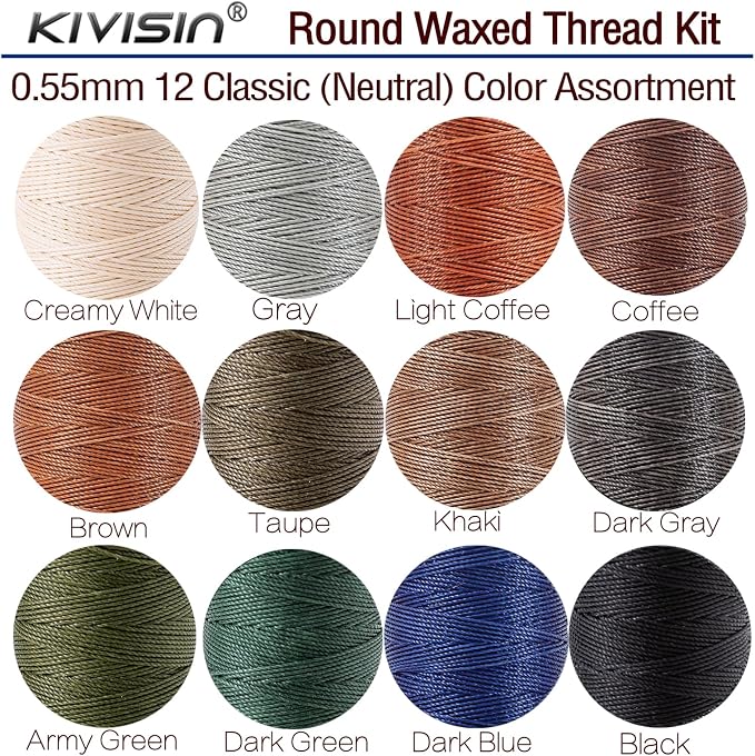 Round Polyester Waxed Thread 0.55mm, 12 Neutral Colors 76 Yards/Spool Wax - Image 2