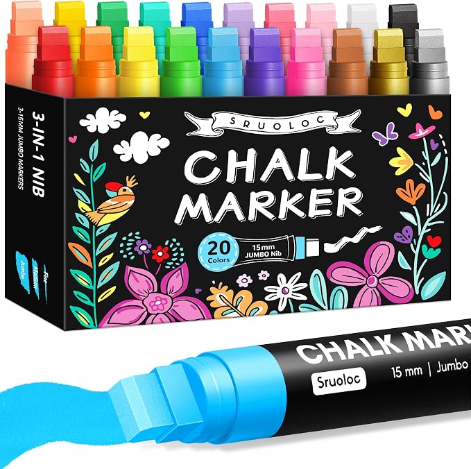 Window Chalk Markers for Glass Washable, 20 Colors Jumbo Liquid Chalk Marker by Sruoloc