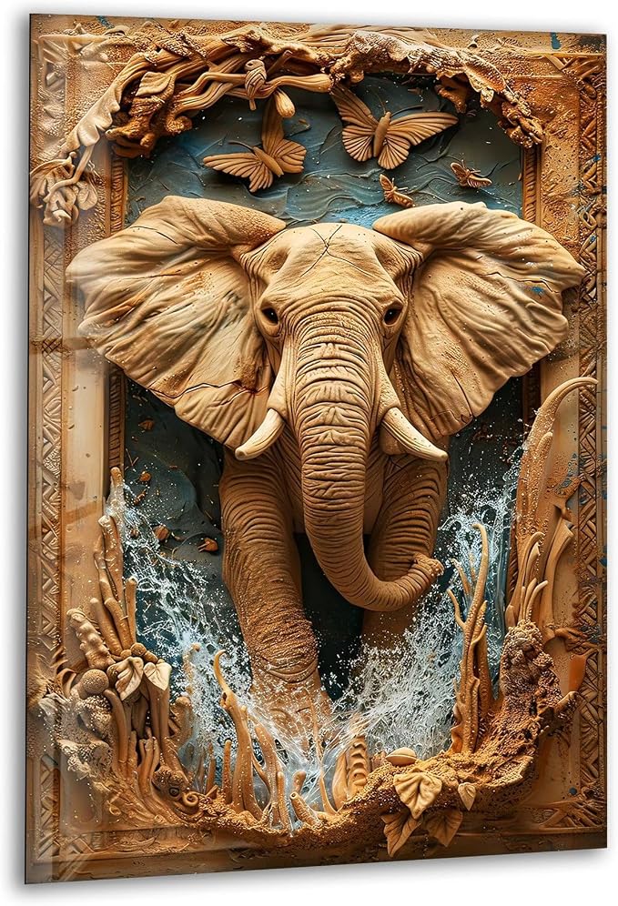 My Photostation.com 18Wx28H'' Elephant Carving Glass Wall Art Tempered Glass by MyPhotostation