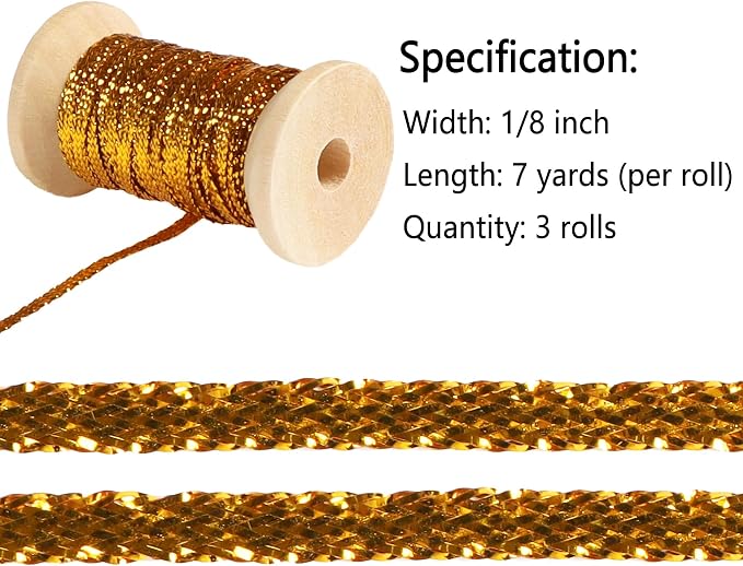 Gold Thin Ribbon 1/8 inch Metallic Braided Double Faced Ribbons Curling Ribbons - Image 2