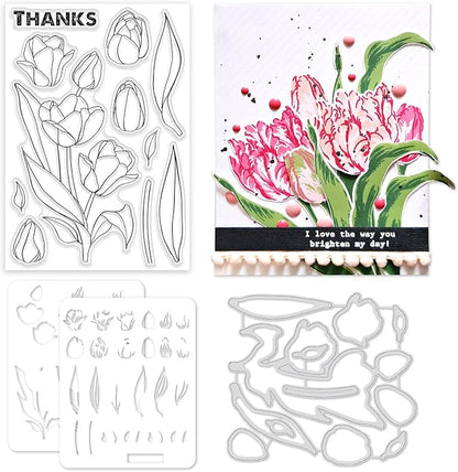 ORIGACH Realistic Tulips Stamps and Die and Layering Coloring Stencil Bundle by ORIGACH