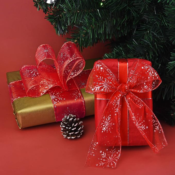 2.5 Inch Wide Christmas Wired Ribbon Snowflake Organza Sheer Glitter Ribbon - Image 6