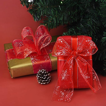2.5 Inch Wide Christmas Wired Ribbon Snowflake Organza Sheer Glitter Ribbon - Image 6
