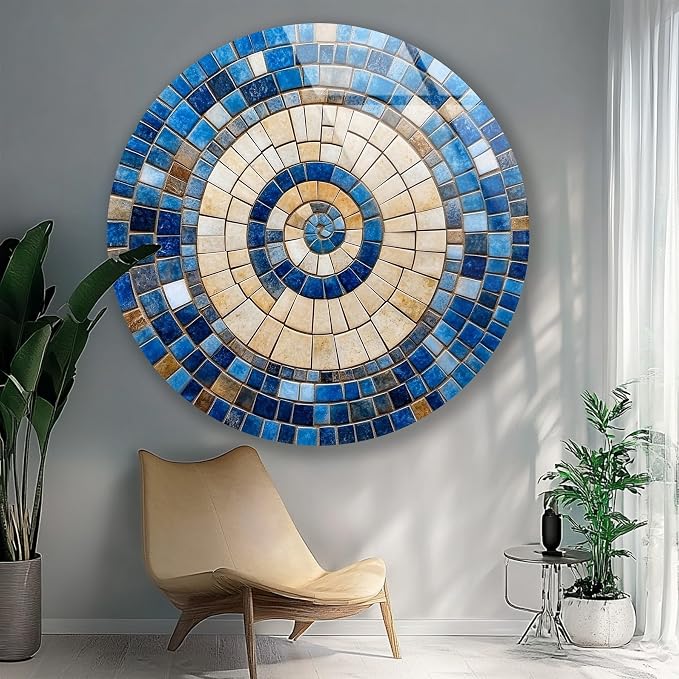 My Photostation.com 24'' Diameter Coastal Sunburst Beige & Blue Round Glass by MyPhotostation