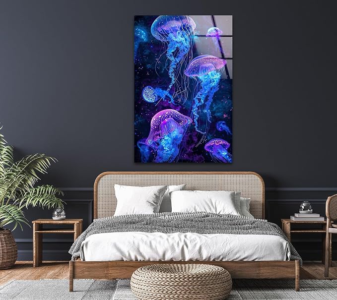 My Photostation.com 27Wx43H'' Glowing Jellyfish Glass Wall Art Tempered Glass - Image 4