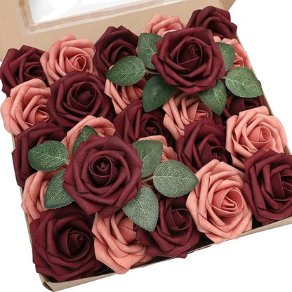 Floroom Artificial Flowers 50pcs Real Looking Burgundy & Pinky Cedar Foam Fake by Floroom