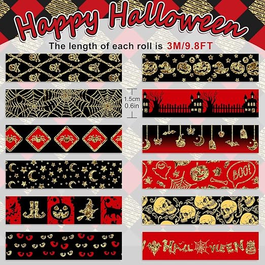 Whaline 12 Rolls Halloween Washi Tapes Red Black Foil Gold Decorative Tapes - Image 2