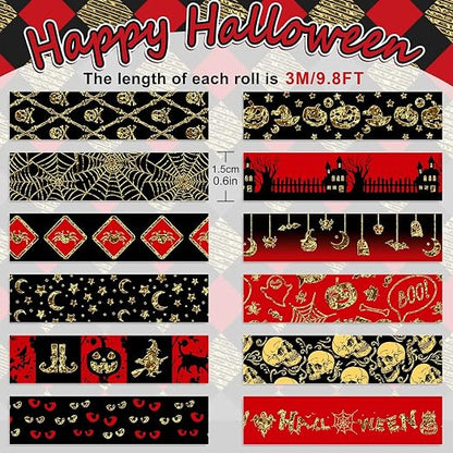 Whaline 12 Rolls Halloween Washi Tapes Red Black Foil Gold Decorative Tapes - Image 2
