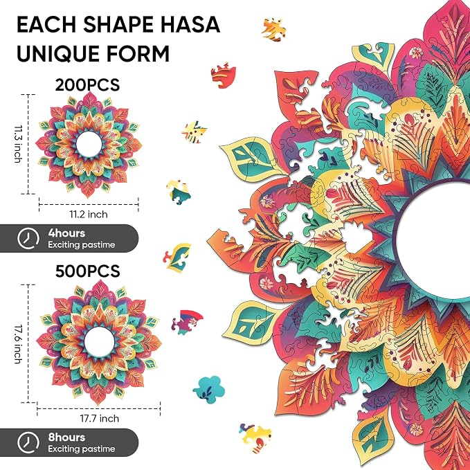 Wooden Puzzles for Adults, Hollow Mandala Wooden Jigsaw Puzzles 200 Pieces - Image 2