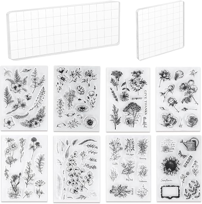 UCEC 8 Sheets Clear Stamps Set, Vintage Plants Flower Rubber Silicone Stamps by UCEC
