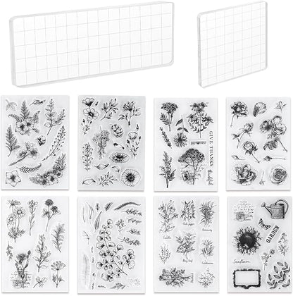 UCEC 8 Sheets Clear Stamps Set, Vintage Plants Flower Rubber Silicone Stamps by UCEC
