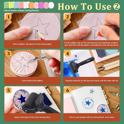 Keadic 24 Pieces Block Printing Starter Tool Kit, Rubber Stamps Making Set - Image 6