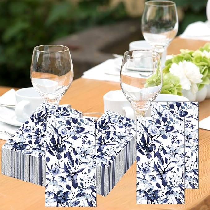 60 Pack 3 Styles Blue Floral Napkins - Image 7