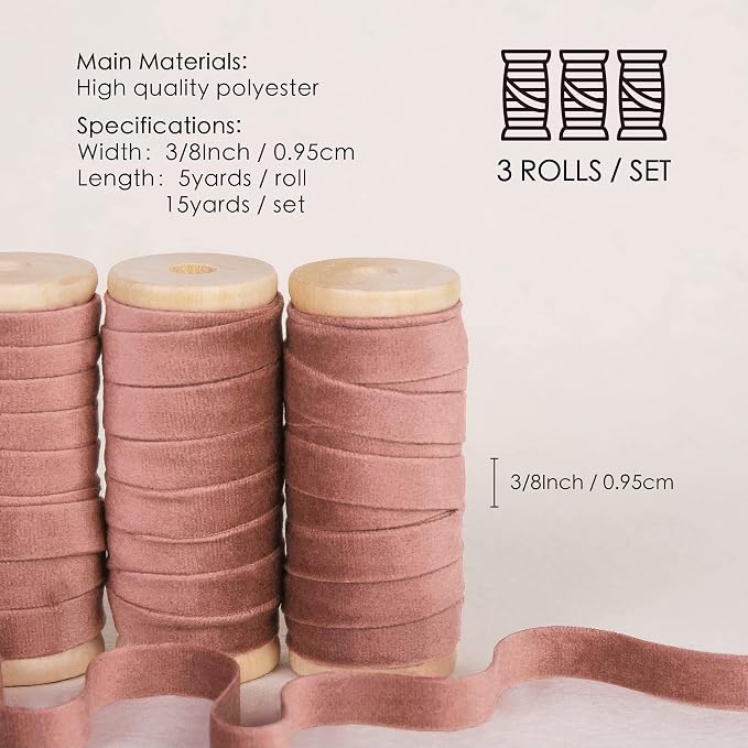 Vitalizart Rose Gold Velvet Ribbon Set 3/8"" x 15 Yd Wooden Spool Fabric Trim 3 - Image 2