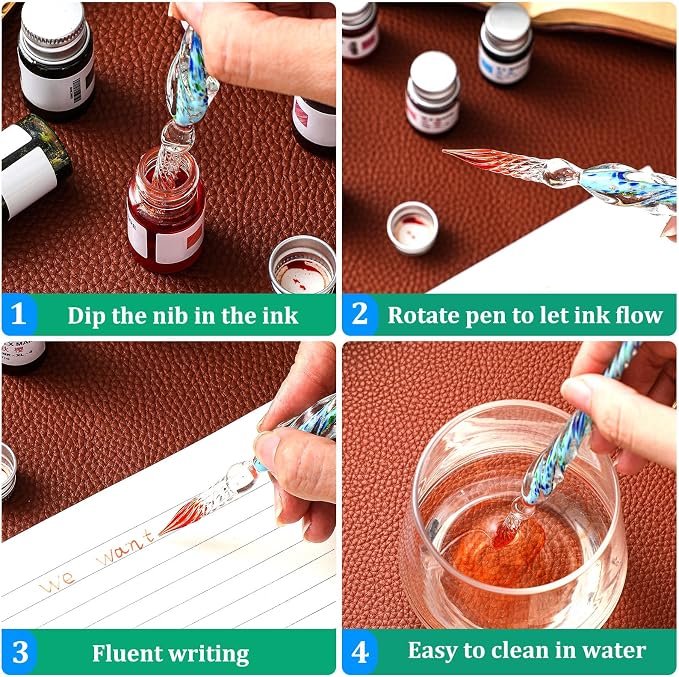 Zonon Glass Dipped Pen Ink Set 14 Pcs Include 6 Pcs Glass Dip Pen, 6 Colorful - Image 5