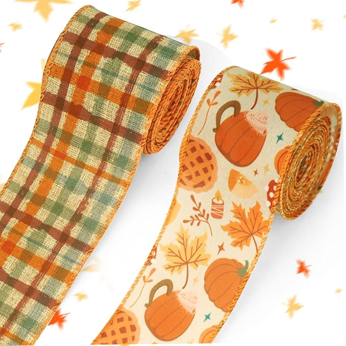 Threetols 2 Rolls 10 Yards Fall Wired Edge Ribbons, 2.5inch Orange Plaid Burlap by Threetols