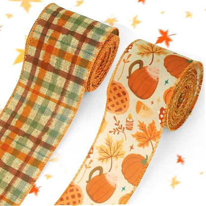 Threetols 2 Rolls 10 Yards Fall Wired Edge Ribbons, 2.5inch Orange Plaid Burlap by Threetols