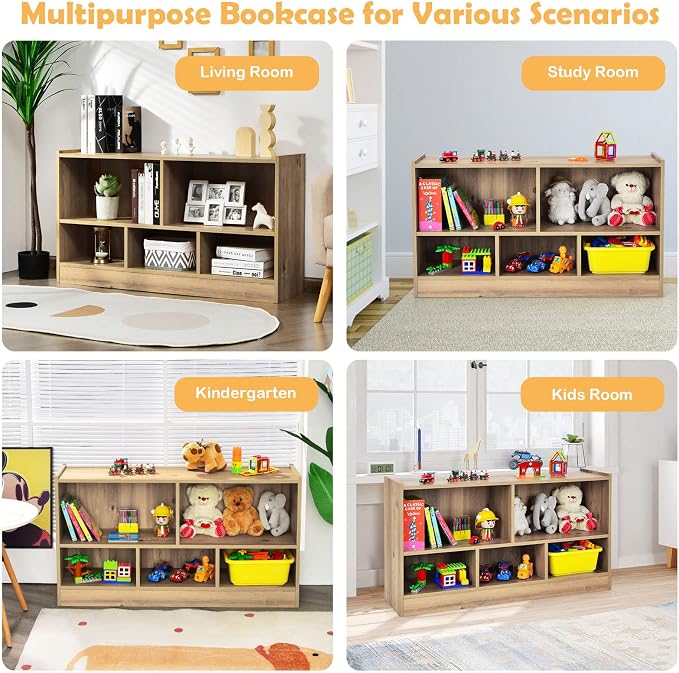 KOTEK Kids Storage Organizer, 5 Cubby Kids Bookshelf, Wooden 2-Layer Bookcase - Image 8