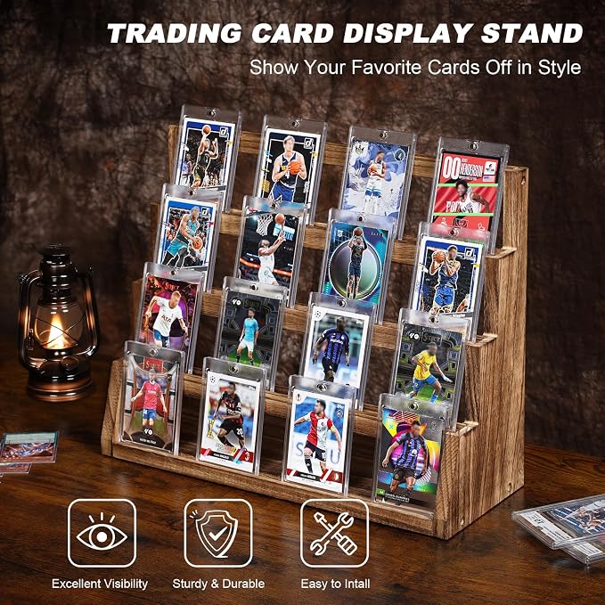 Emfogo Card Display Stand, 4-Tier Trading Card Display, Wooden Graded Baseball - Image 2