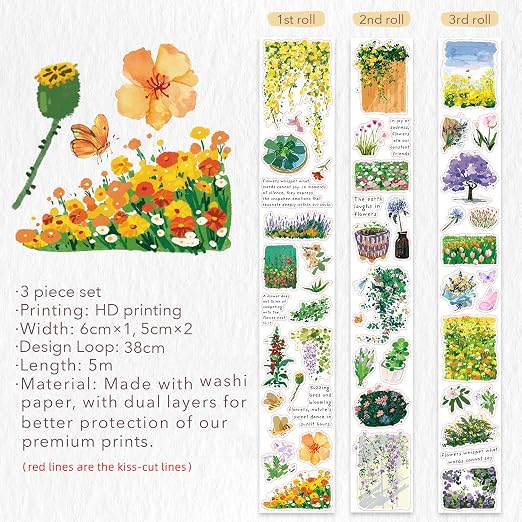 WT Spring Oasis Washi Tape Sticker Set, 3 Rolls, Original Designs, - Image 9