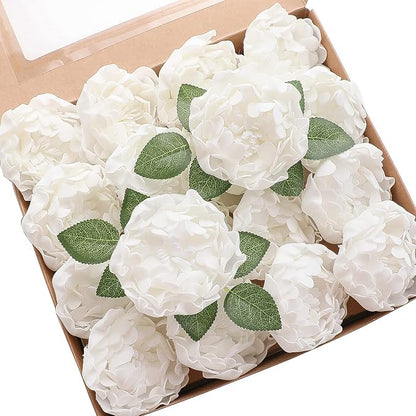 Floroom Artificial Flowers 16pcs 4" White Blooming Peonies Real Looking Foam by Floroom