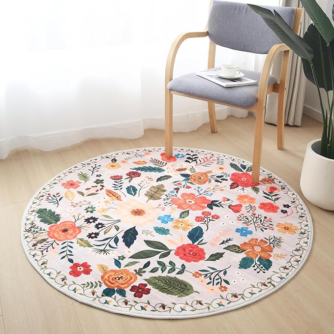 Rugcomf Round Rug 4ft Washable Circle Rug Non Slip Low Pile Boho Floral Small - Image 6